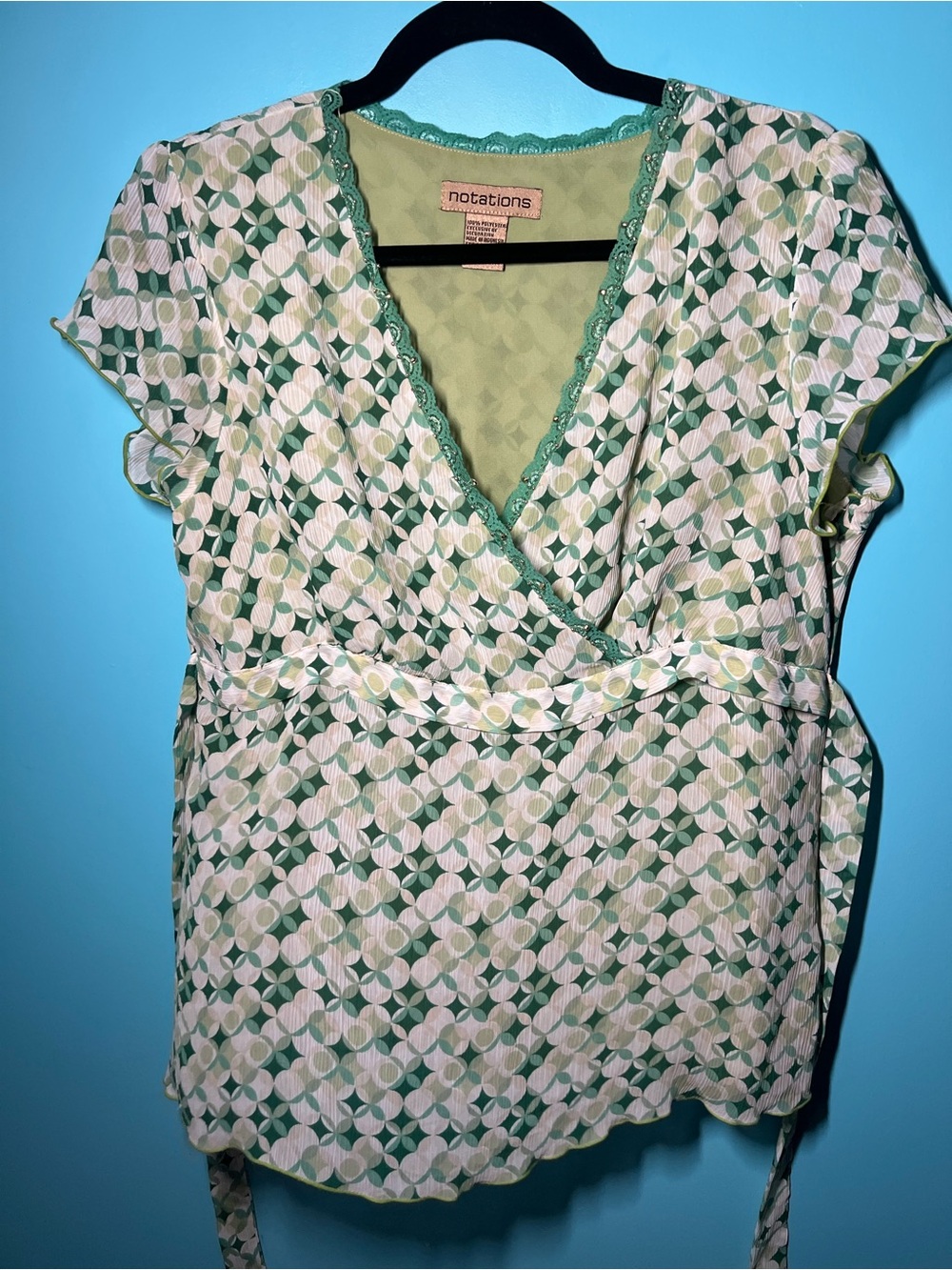 Notations Green and Cream Geometric Wrap Blouse